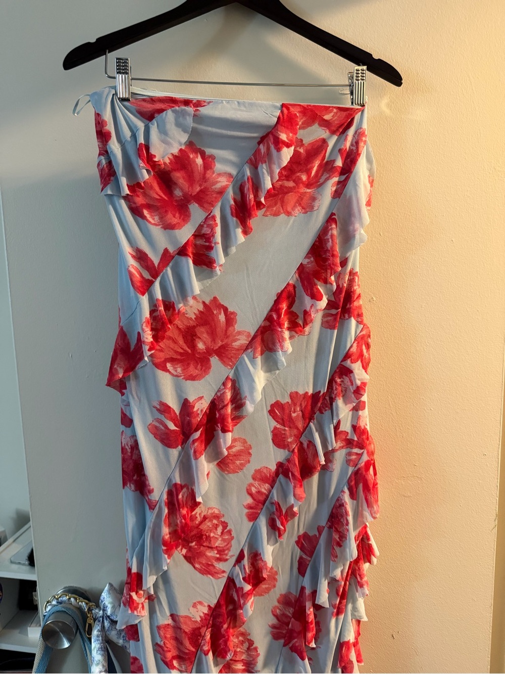 Sincerely Jules Light Blue Maxi Dress with Red Floral Accent
